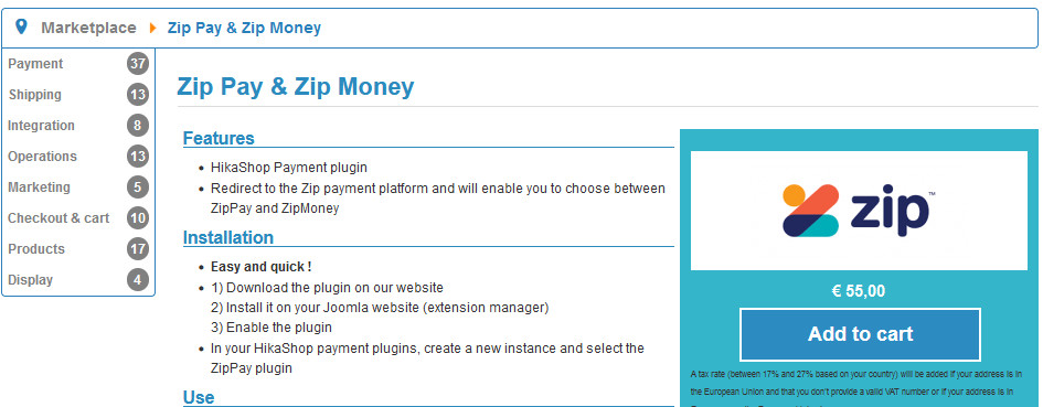 HikaShop Payment ZipPay - Joomla Extension