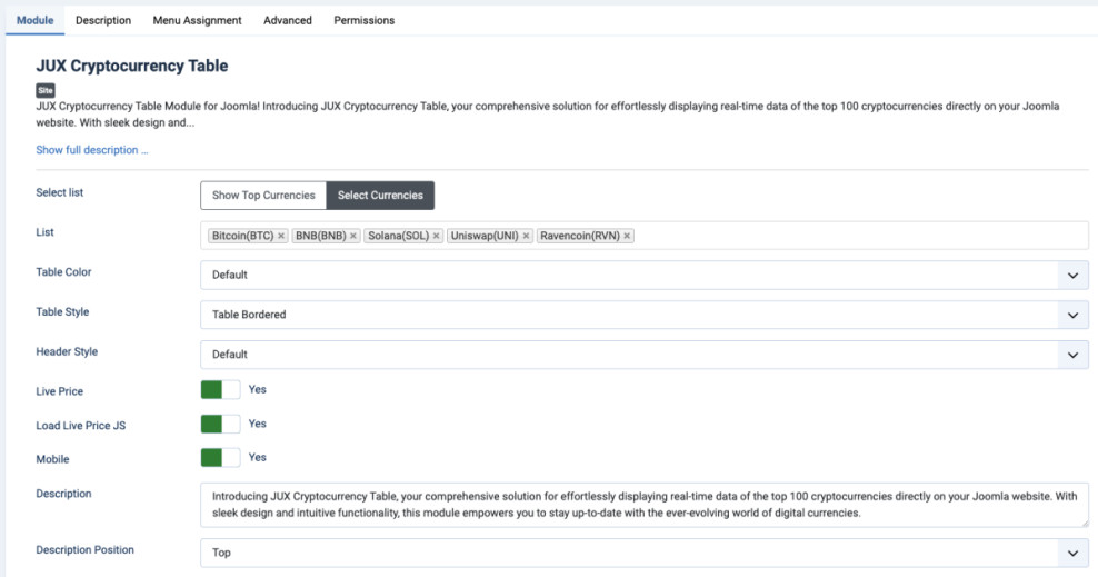 Jux Cryptocurrency Table Joomla Extension