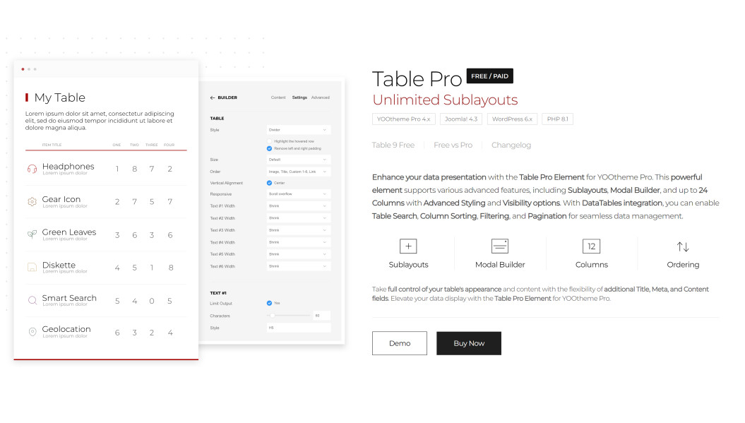 Table Pro for YOOtheme Pro - Joomla Extension