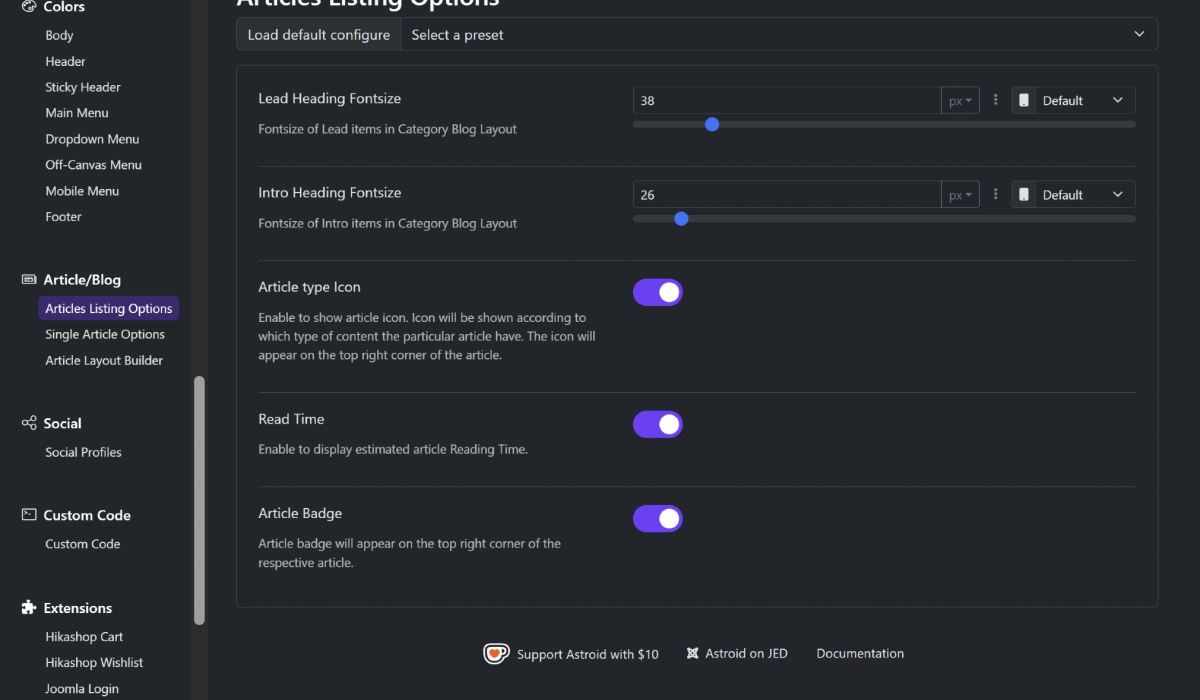 jollyany multi purpose joomla template articles listing settings